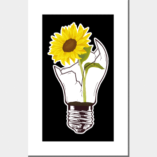 Sunflower in broken lightbulb Posters and Art